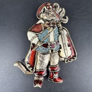 Vintage Hutton Wilkinson Enamel & Rhinestone Cat with Fiddle/Puss N Boots Brooch